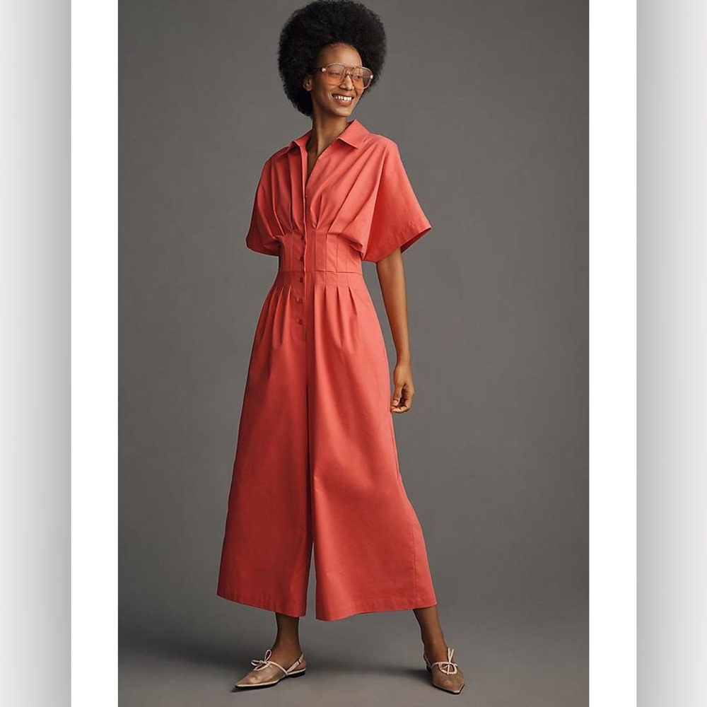 Anthropologie Viral The Tobie Pleated Jumpsuit Exquise Bright Poppy Red XS 0 2